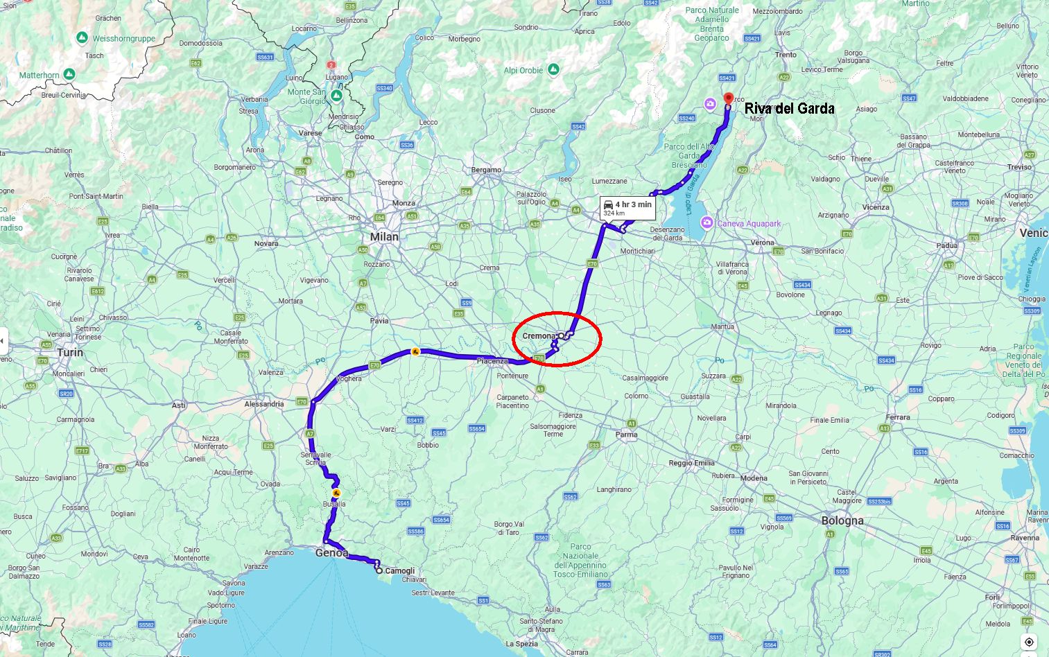 Camogli to Cremona to Riva del Garda Map